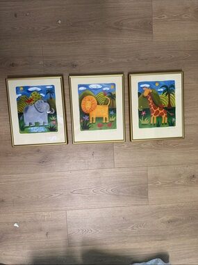 Set of 3 Framed Jungle Animal Prints - Elephant, Lion, Giraffe - Colorful